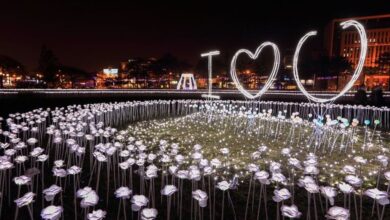 臺南市府永華市政中心旁西拉雅廣場，有一系列情人節浪漫燈海。　圖：臺南市政府觀光旅遊局／提供