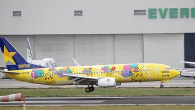 日本廉價航空天馬航空的皮卡丘彩繪機5日抵達桃園國際機場，將在長榮航太保養維修。（范揚光攝）