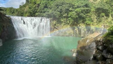 有「臺版尼加拉瀑布」之稱的十分瀑布深潭碧綠如墨，運氣好時還可看見彩虹斜掛。　圖：新北市政府觀光旅遊局／提供