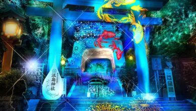 江島神社入口處的點燈主題呈現多個不同故事，帶領遊客踏入奇想世界。　圖：VELVETA DESIGN／來源
