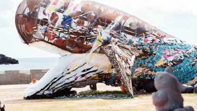 北寮奎壁山展出的「方舟」，是國際藝術家林舜龍的大型藝術地景作品。　圖：澎管處／提供